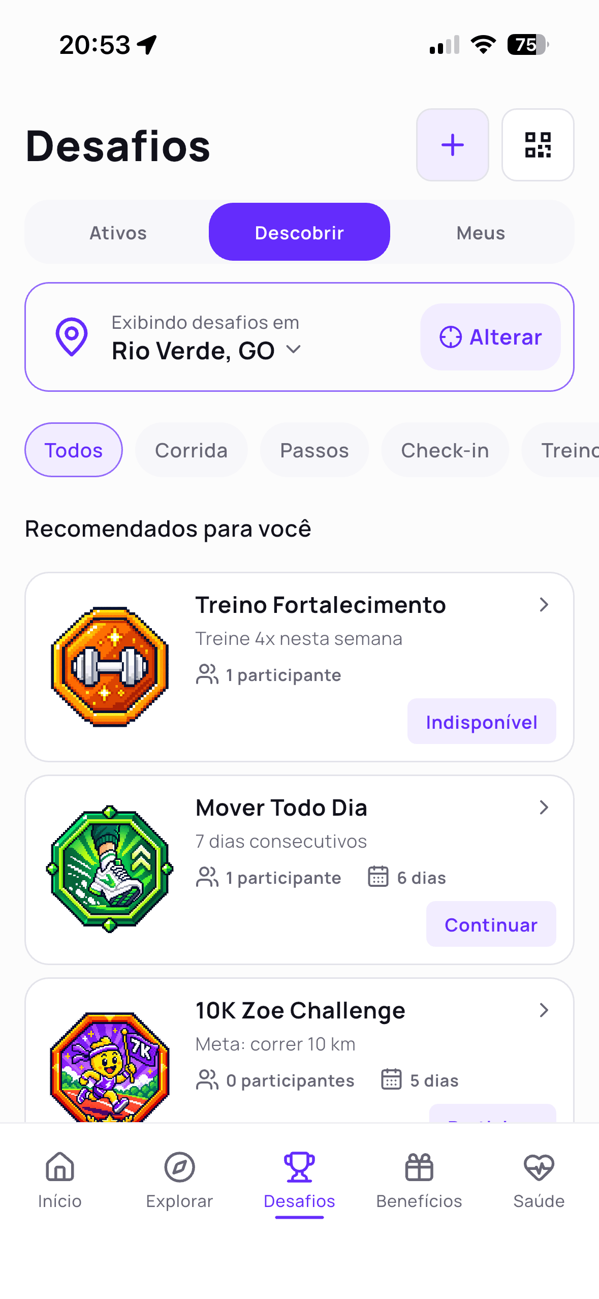 Tela Desafios do Moovmoji